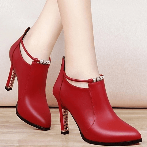 Trendy Rhinestone Strap Pointed Ankle Boot Heels