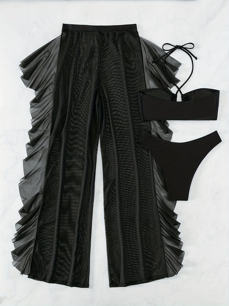 Trendy Swim Sheer Mesh Cover Up Crop Top And Bottom Set