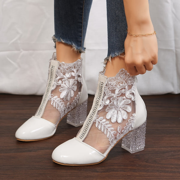 Trendy Round Floral Print Ankle Boot Heels