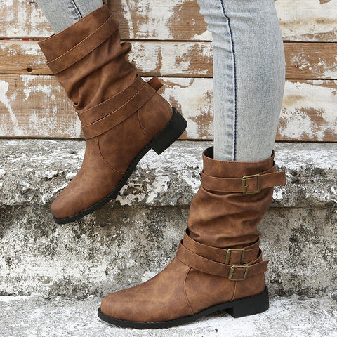 Trendy Retro Mid Calf Ruched Western Boots