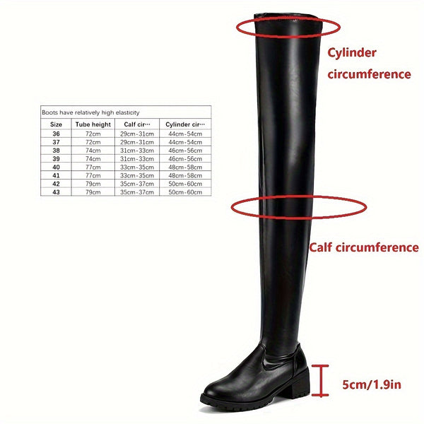 Trendy Faux Leather Flannel Block Heel Thigh High Boots