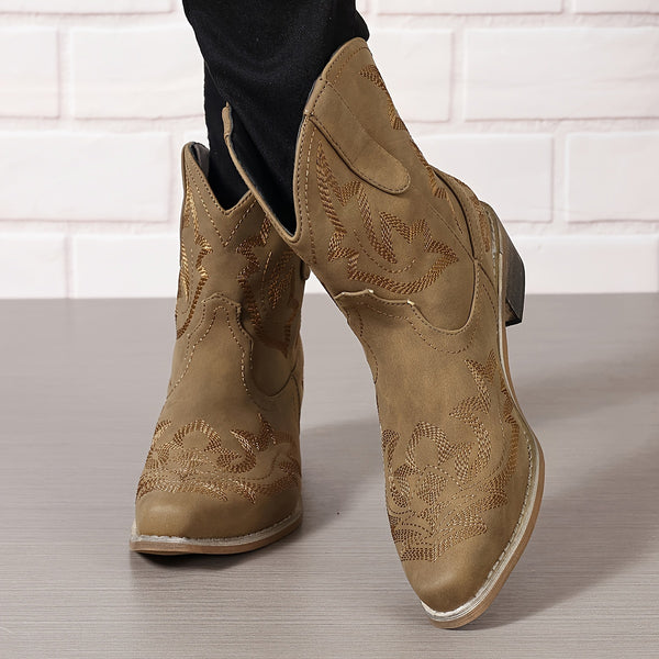 Trendy Cowgirl Floral Mid Heel Boots
