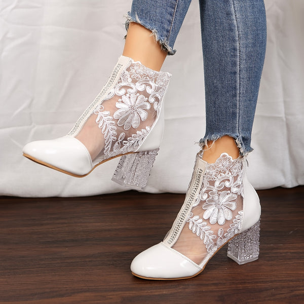 Trendy Round Floral Print Ankle Boot Heels