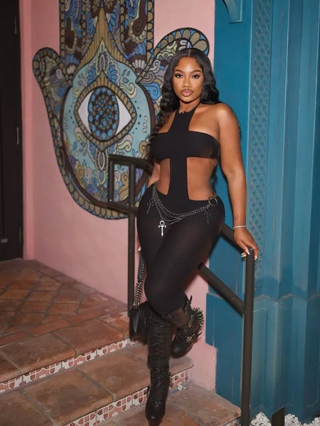 Trendy Hollow Out Cross Bodysuit Two Piece Pants Set