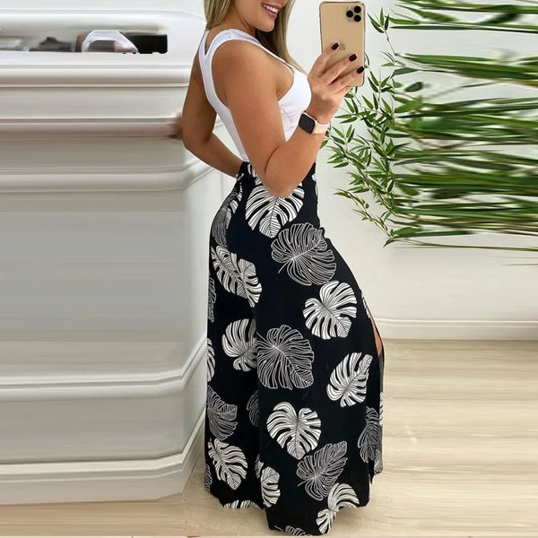 Trendy Hollow White Crop Top With Black/White Floral Split Pants