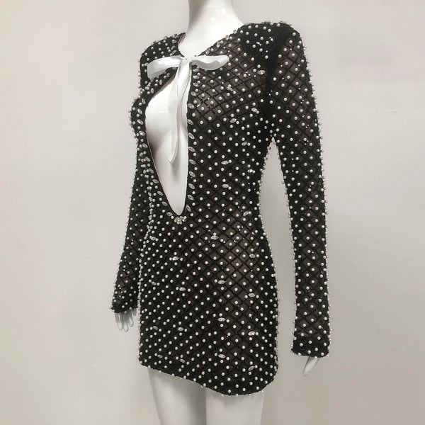 Trendy Black Sequin Mini Hollow Out Dress