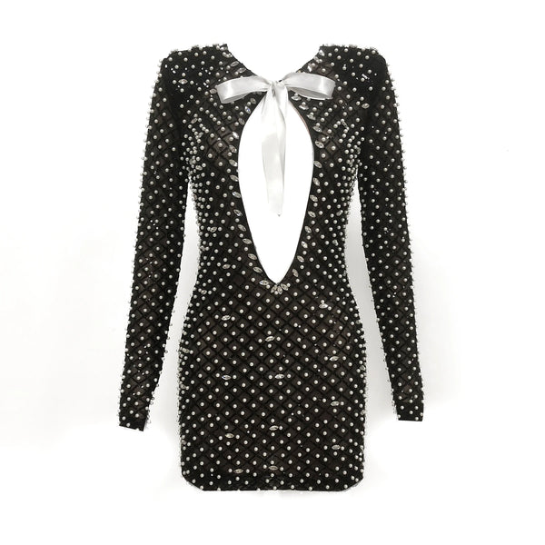 Trendy Black Sequin Mini Hollow Out Dress