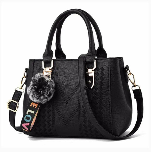 Trendy Leather Handbag  Purse With Plush Ball