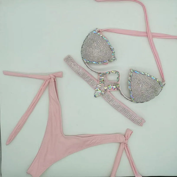 Trendy Rhinestone Bikini Swimwear Set