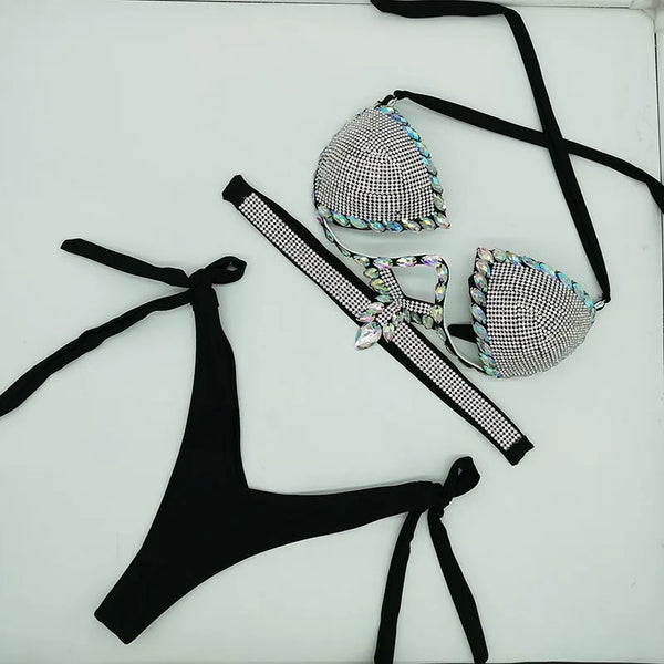 Trendy Rhinestone Bikini Swimwear Set