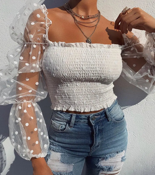 Trendy Sheer Mesh Polka Dot Crop Ruffle Blouse