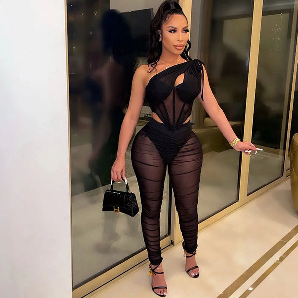 Trendy 2 Piece Black Hollow Out Sheer Mesh Top And Bottom Set