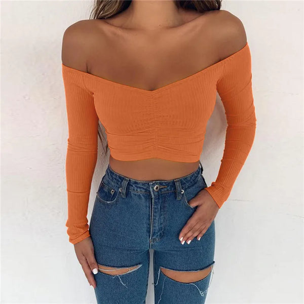 Trendy Low Shoulder Long Sleeve Crop Top