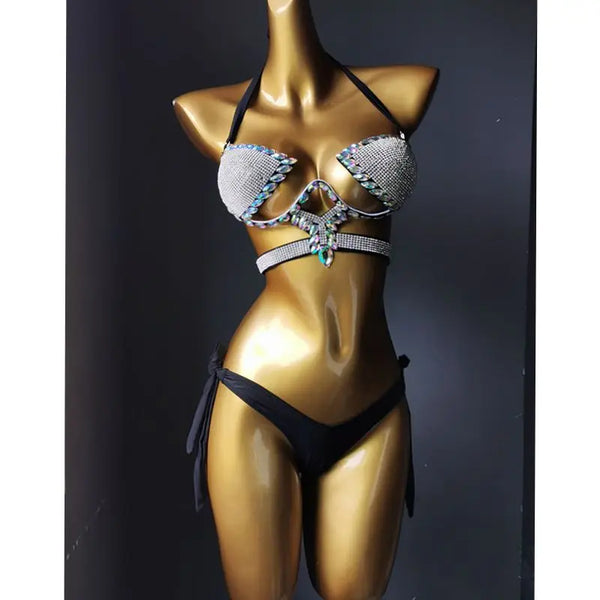 Trendy Rhinestone Bikini Swimwear Set