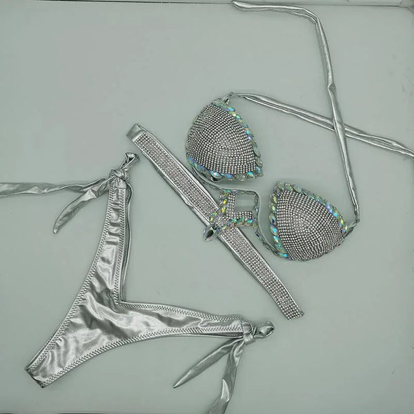 Trendy Rhinestone Bikini Swimwear Set