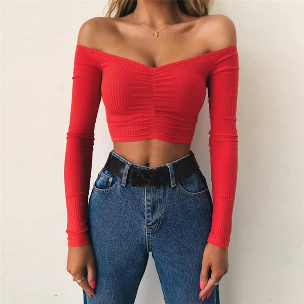 Trendy Low Shoulder Long Sleeve Crop Top