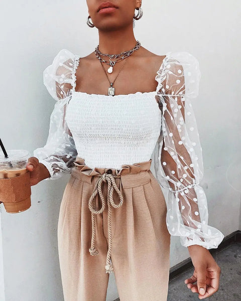Trendy Sheer Mesh Polka Dot Crop Ruffle Blouse