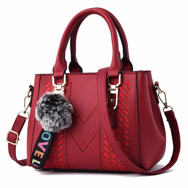 Trendy Leather Handbag  Purse With Plush Ball