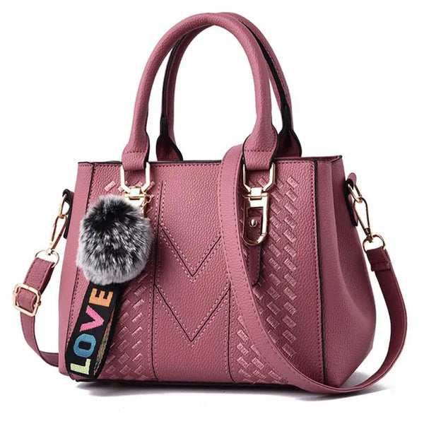 Trendy Leather Handbag  Purse With Plush Ball