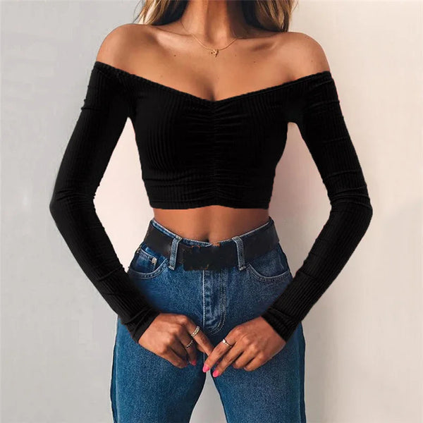 Trendy Low Shoulder Long Sleeve Crop Top