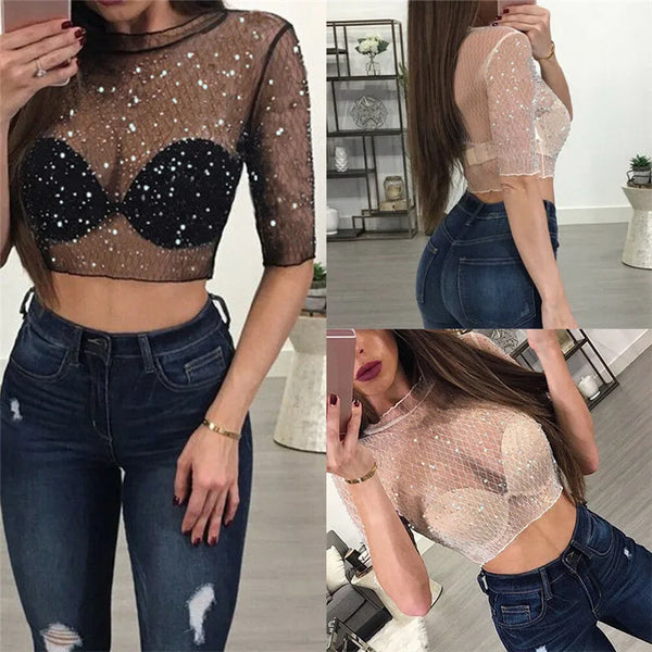 Trendy Black Crop Top Sequin Mesh Blouse