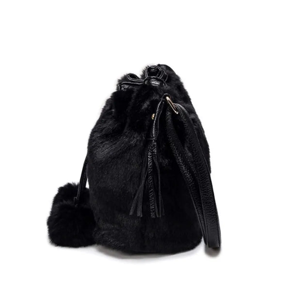 Trendy Shoulder Faux Fur Drawstring Pom Pom Purse