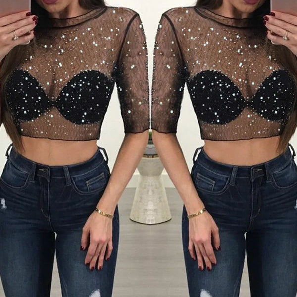 Trendy Black Crop Top Sequin Mesh Blouse
