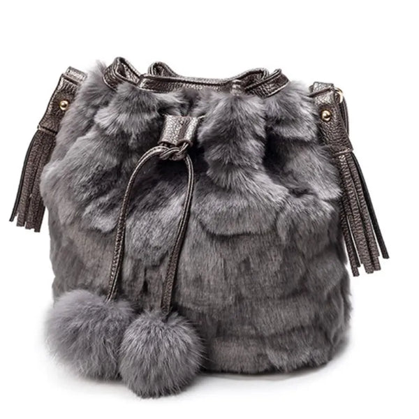 Trendy Shoulder Faux Fur Drawstring Pom Pom Purse
