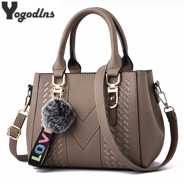 Trendy Leather Handbag  Purse With Plush Ball