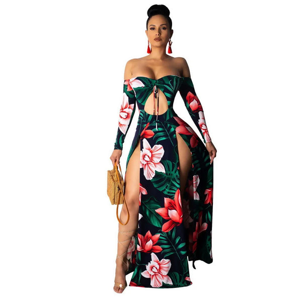 Trendy Floral Vibrant Double Slit Maxi Dress