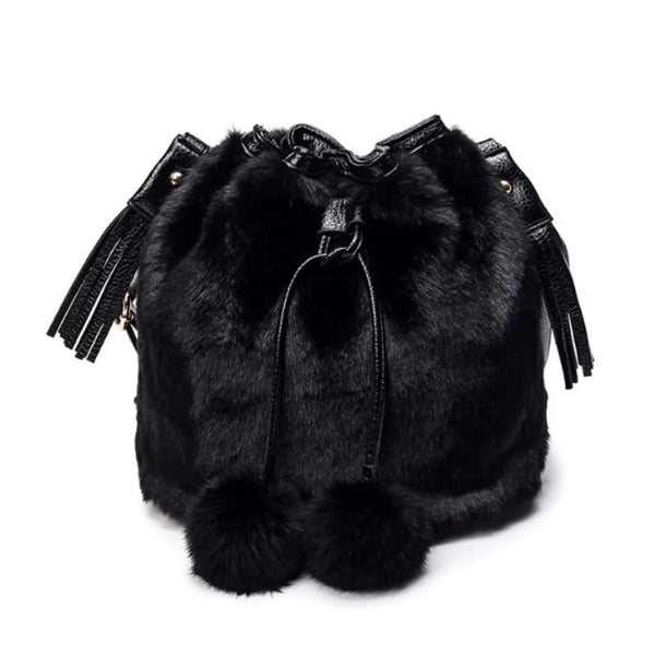 Trendy Shoulder Faux Fur Drawstring Pom Pom Purse