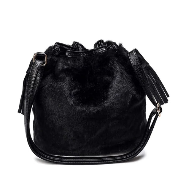 Trendy Shoulder Faux Fur Drawstring Pom Pom Purse