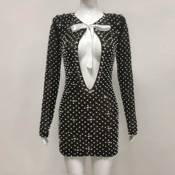 Trendy Black Sequin Mini Hollow Out Dress