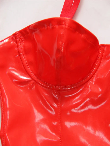 Trendy Thin Strap Ruffle Faux Patent Leather Party Dress