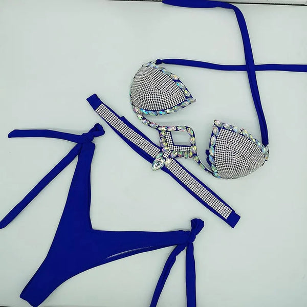 Trendy Rhinestone Bikini Swimwear Set