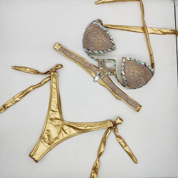 Trendy Rhinestone Bikini Swimwear Set