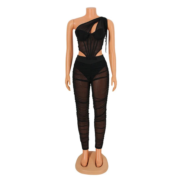 Trendy 2 Piece Black Hollow Out Sheer Mesh Top And Bottom Set