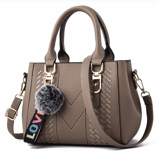 Trendy Leather Handbag  Purse With Plush Ball