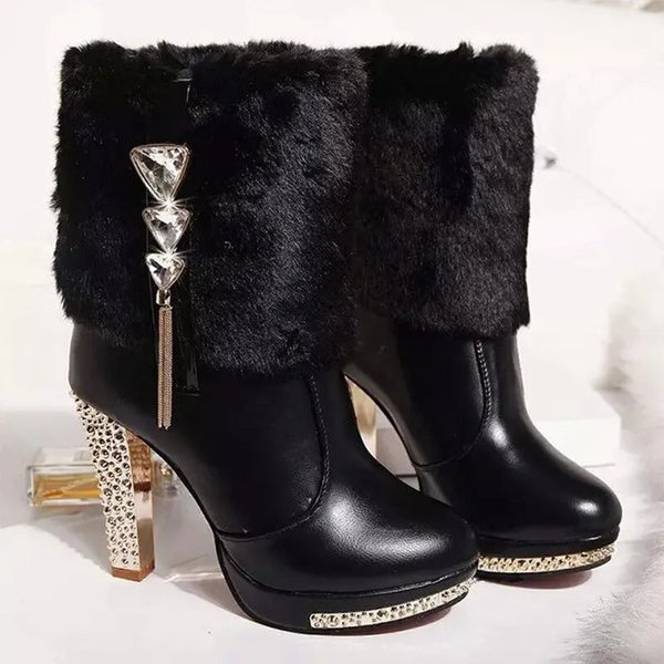 Trendy Waterproof Rhinestones Faux Fur High Heel Boots - TrendsetterbyTracy Boutique