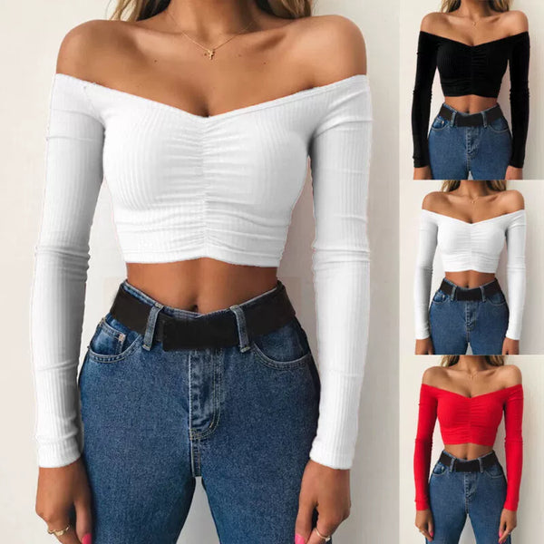 Trendy Off Shoulder Long Sleeve Cropped Blouse - TrendsetterbyTracy Boutique