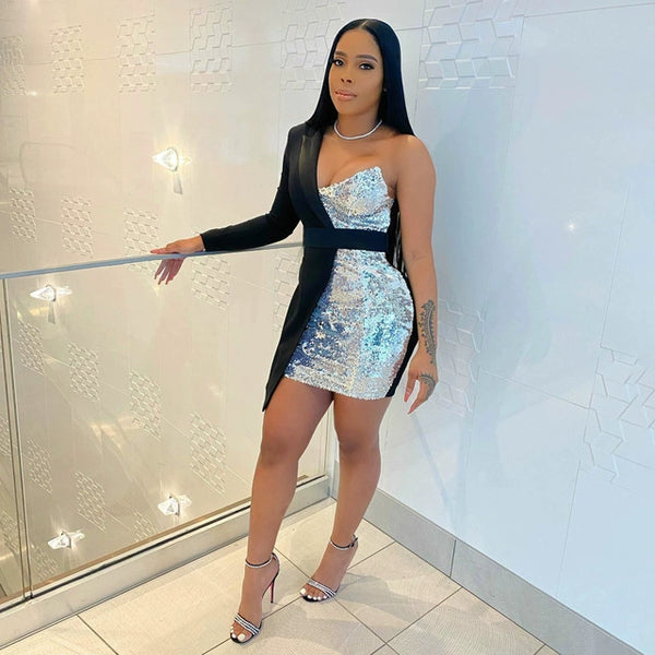 Trendy Sparkle One Sleeve Tuxedo Dress