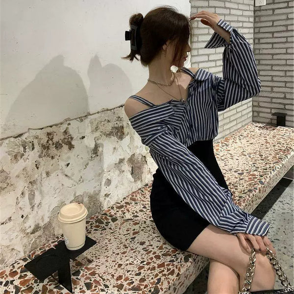 Trend Sheath  Off-The-Shoulder Striped Shirt - TrendsetterbyTracy Boutique