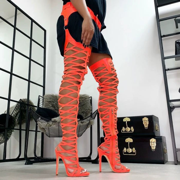 Trendy Thigh High Hollow Out Belt Strap Boots