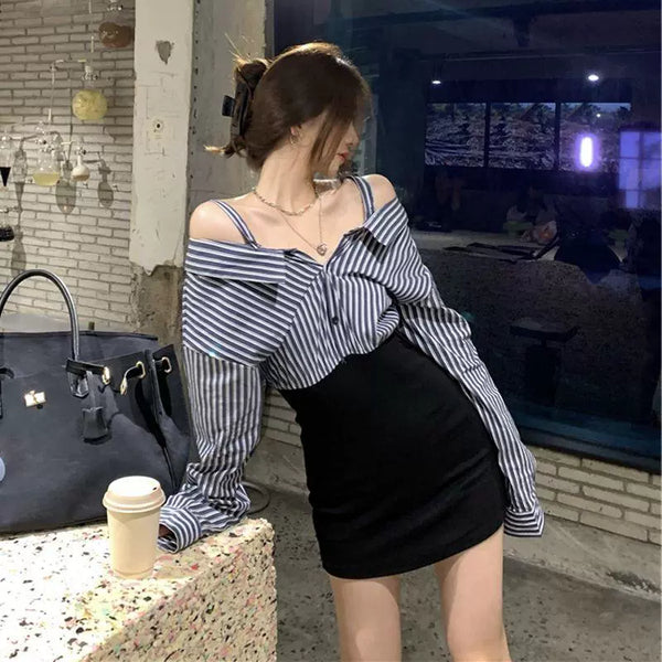 Trend Sheath  Off-The-Shoulder Striped Shirt - TrendsetterbyTracy Boutique