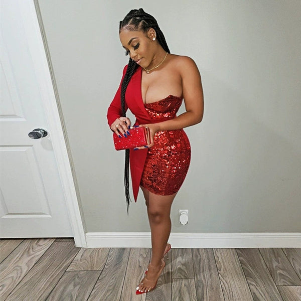 Trendy Sparkle One Sleeve Tuxedo Dress