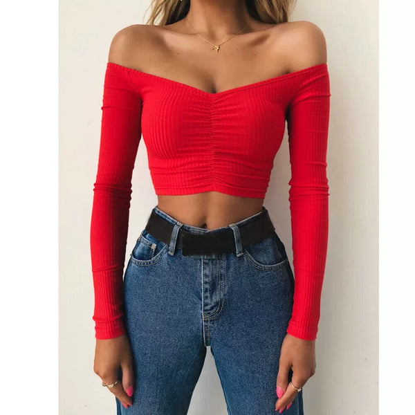 Trendy Off Shoulder Long Sleeve Cropped Blouse - TrendsetterbyTracy Boutique