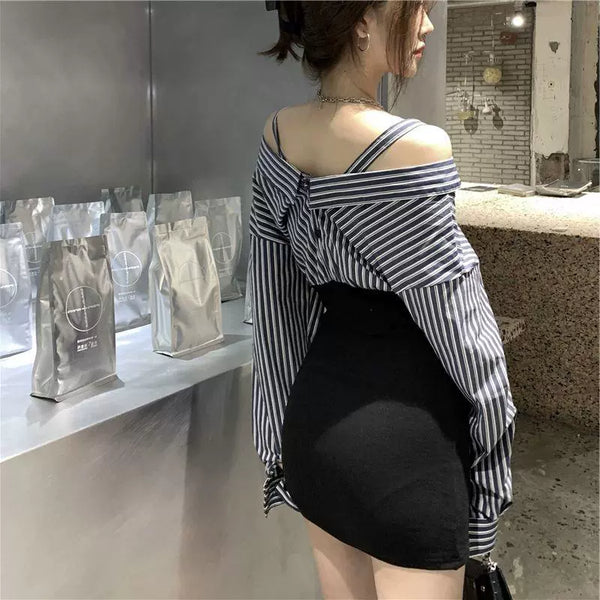 Trend Sheath  Off-The-Shoulder Striped Shirt - TrendsetterbyTracy Boutique