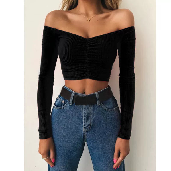 Trendy Off Shoulder Long Sleeve Cropped Blouse - TrendsetterbyTracy Boutique