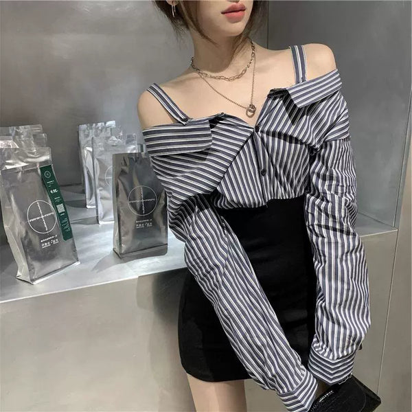 Trend Sheath  Off-The-Shoulder Striped Shirt - TrendsetterbyTracy Boutique