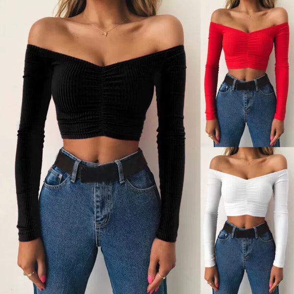 Trendy Off Shoulder Long Sleeve Cropped Blouse - TrendsetterbyTracy Boutique
